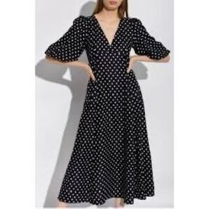 Kate Spade Size 0 Elbow Puff Sleeve Midi Dress Black White Polka Dot Preppy Twee